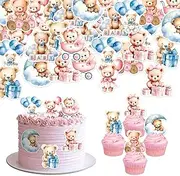 48Pcs Edible Baby Shower Bear Topper Cupcake Wafer Paper Bear Baby Shower Cake Topper Decorations Jungle Animal Theme for Kids Birthday Gender Reveal Party Cake Decorations Supplies Blue Pink