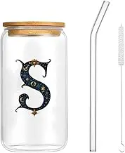 16oz Personalized Glass Cup with Lids Straw, Initial Letter Coffee Cup in Astrological Style Personalised Jar Glasses Drinking Glass Clear Cup for Women (S)