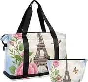 [Amooorous] Romantic Parisian Iron Tower with Flowers Blue Gym Duffel Bag Sports Duffel Bags with Toiletry Bag for Sports Foldable, Romantic Parisian Iron Tower with flowers blue, 1 size
