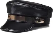 [Generic] Womens Genuine Leather Europe/America Steet Letter Golden Belt Flat Top Hats Casual Military Hat