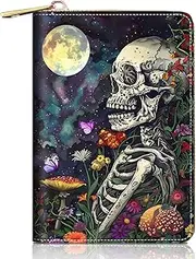 [FVAENDHIO] Credit Card Holder Wallets for Women, African Women Design RFID Blocking Small Leather Card Case Wallet Zipper Accordion Wallets, Skull Flowers Under Moon, Fashions