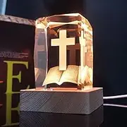 Cross Crystal with Wooden Light Base, Engraved Cross Praying Gifts, Night Light Home Decor, Encouragement Spiritual Gifts