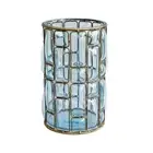 NNEAGS Blue Colored European Glass Cylinder Flower Vase with Gold Metal Pattern