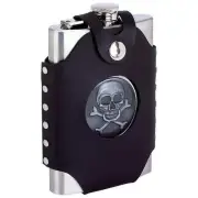 Flask Skull & Crossbones Stainless Steel 8oz Studded Faux Leather Wrap Black New