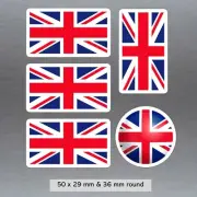 5 small UK, English Union Jack Flag vinyl stickers 50 x 29 mm & 36 mm round