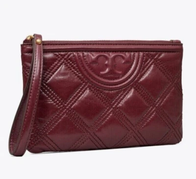 NWT Tory Burch Fleming Soft Glazed Wristlet Quilted Leather NEBBIOLO