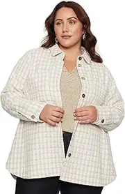 [BE ME] BeMe - Plus Size - Womens Jacket - Beige Winter Shacket - Checkered Casual Shirt - Long Sleeve - Coat - Work Wear - Vogue Fashion - Office Clothing 14