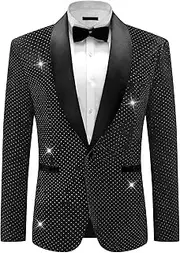 [Lars Amadeus] Velvet Blazer for Men's Shawl Lapel One Button Wedding Rhinestone Sparkly Tuxedo Velour Sports Coat