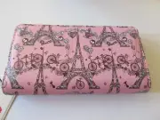 Women's Casual Zip Around Wallet Pink Multi With Fun Paris Prints New With Tag