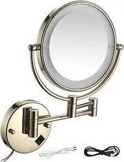 Wall Mounted Lighted Makeup Mirror, Makeup Mirror 10X, Double-Sided Makeup Mirror 8inch Makeup Mirror with Led Lights, 360 Rotation for Makeup,Retractable and Extension for Bathroom and Bedroom