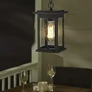EMLIVIAR Outdoor Pendant Lights for Porch, 1-Light Exterior Hanging Light Fixtures, Black Finish with Seeded Glass, 1803EW1-H