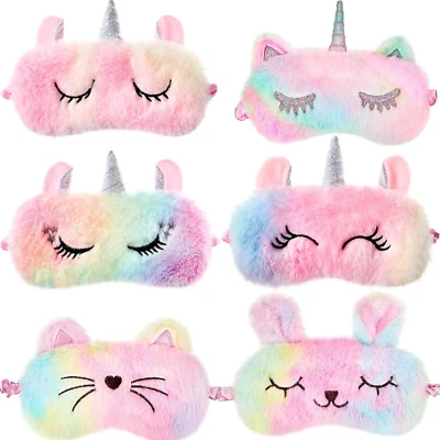 6 Pieces Rainbow Eye Mask Plush Eye Cover Unicorn Sleep Mask Bunny Blindfold Cat