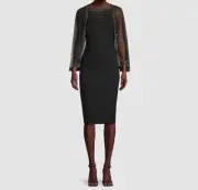 $450 Aidan Mattox Women's Black Beaded Cape Midi Sheath Dress Size US2
