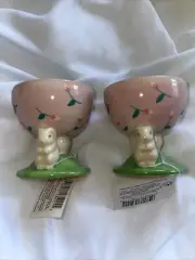 Ceramic Egg Cups Easter Pink With Bunny Set Of (2) 2.5” Hand Painted