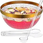 NiHome Gold Trim Clear Plastic Punch Bowl with Ladle and Tong for Parties, Weddings, BBQs, 1.4 Gallon Beverage Serving Bowl Complete Set for Cocktails, Salads, Snacks, Easy to Clean