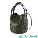 【BO DEREK】絲巾皮革編織手提斜背水桶包(橄欖綠色)