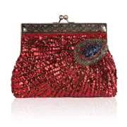 Nevenka Peacock Clutch Sequined Beaded Evening Handbag-Red