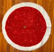 48" Round Red Sequin with White Faux Fur Christmas Tree Skirt