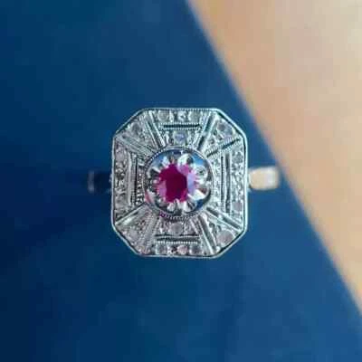 Art Deco Style 2.6Ct Lab Created Ruby 14K White Gold FN Wedding Anniversary Ring