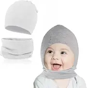 [Fagent] Children's Beanie Hat and Loop Scarf Set, Soft Cotton Warm Winter Hat Neck Warmer Tube Scarf Knitted Set for Girls Boys Baby Autumn Winter Spring, gray, 7x7x0.5cm