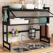 3Tier Over The Sink Dish Drying Rack（33.46 inch）, 3 Tier Large Dish Drainers Drying Rack for Kitchen Counter with Dust Cover (Black)