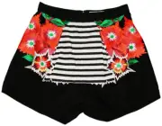 New Alice McCall Black Shorts Pants Embroidered Flowers White Stripes Pattern