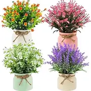 4 Packs Fake Potted Plants, Small Faux Plants, Lavender in Macaron Pot Plastic Flower, Desk Plants for Home Indoor Bathroom, Living Room, Windowsills,Kitchen Shelf Office Decor Fashion Design