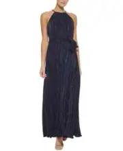 DKNY Beaded Halter-Neck Belted Micro-Pleated Gown Navy Size 12
