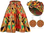 [Coume] 3 Pcs Women Ankara African Traditional Costume Set African Print Midi Casual Dashiki Skirt Bohemian African Print Headwraps Scarf Drop Dangle Earrings