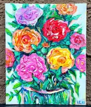 Original acrylic painting abstract bouquet of roses on the canvas panel 8/10 in.