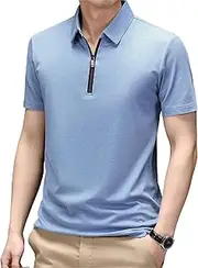 [VgueElegc] Men's Lapel Collar Stylish Tops Short Sleeve Pullover Collared Cotton Shirt Color Block Golf Shirts for Men, Light Blue, 4X-Large