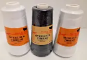 Overlock Thread 100% Spun Polyester 3000 yds each 2 White 1 Black Lot of 3