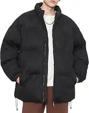 [Gsywaipei] Men's Suede Cotton Down Jacket Winter Solid Color Male Insulated Coat Padded Lined Zip Up Warm Jackets, Black, Large