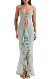 HOUSE OF CB Gabriella Keyhole & Ruffle Mesh Body-Con Gown in Aqua at Nordstrom, Size Small