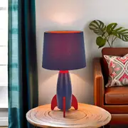 Alice Rocketship Fun, Wood Table Lamp - Navy Blue with Red Accents, Fabric Shade, 420mm High, PL0155