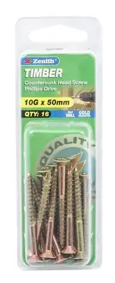 2x Zenith TYPE-17 TIMBER SCREWS 10Gx50mm 16Pcs Countersunk Head, Gold Passivated