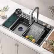 Professional Kitchen Sink Nano Waterfall Sink Pull-Out Tap Stainless Steel Sink with Mounting Holes Single Bowl Draining