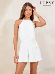 Lipsy Ivory Halter Neck Jersey Broderie Playsuit (W45322) | $106