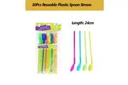 30PCS Reusable Plastic Spoons Drinking Straws Washable Milkshake Straw Party