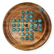 22cm Diameter wooden SOLITAIRE BOARD GAME with BLUE OXYGEN GLASS MARBLES