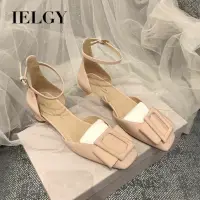 在飛比找蝦皮商城優惠-IELGY 方頭一字帶涼鞋女鏤空女斜扣淺口粗跟高跟鞋