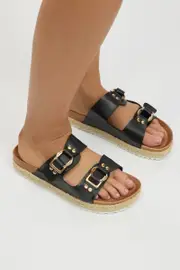 Black Double Strap Buckle Sandals - Size 9, Women's Shoes