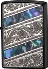 Zippo Arabesque Shell Inlay Etching Black Oil Lighter Regular Case Japan