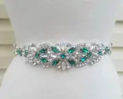 Wedding Belt, Bridal Belt, Crystal Rhinestones, Opal & Dark Green Stones