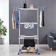 INONE Clothes Drying Rack Clothing Hangers, 4 Tiers Cloth Airer on Wheels, Portable Cloth Rack Dryer, Stainless Steel Garment Racks for Hanging Clothes, Laundry Rack Foldable with Shelf (Bule)