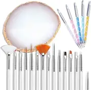 21 Pcs Nail Art Brushes Nail Art Tool Set Resin Palette Nail Art Painting Mixed Color 2 Way Acrylic Silicone Carving Pen Dotting Pen Tool Manicure Kit DIY Makeup Display Board for Home Salon, White