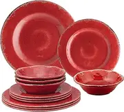 Gourmet Art 12-Piece Crackle Melamine Dinnerware Set, Red