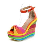 Catzon Ladies Ankle Strap High Heel Platform Wedge Sandals-Rainbow Orange