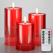 NURADA Flameless Candles with Remote Timer - Glass Real Wax 3D Wick LED Red