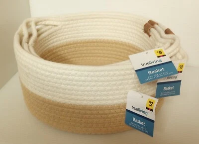 True Living 3 Piece Storage Baskets Set Woven Natural Creme Brown Modern Coastal